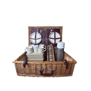 Vintage Sheffield Wicker Picnic Set 4 Mugs Plates Cutlery Thermos Glasses Optima